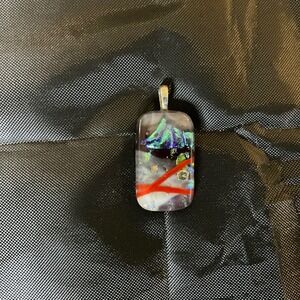 Handmade Dichroic Fused Glass Pendant Mountain Red Accents Silver Tone Bail